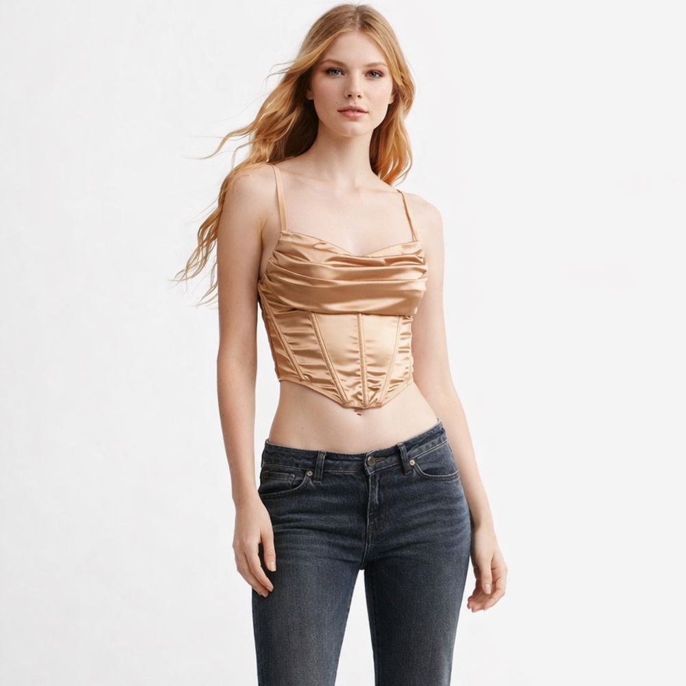 Urban Outfitters Y2K Uo Lexi Satin Corset Cami Crop Top in Gold Champagne Size M